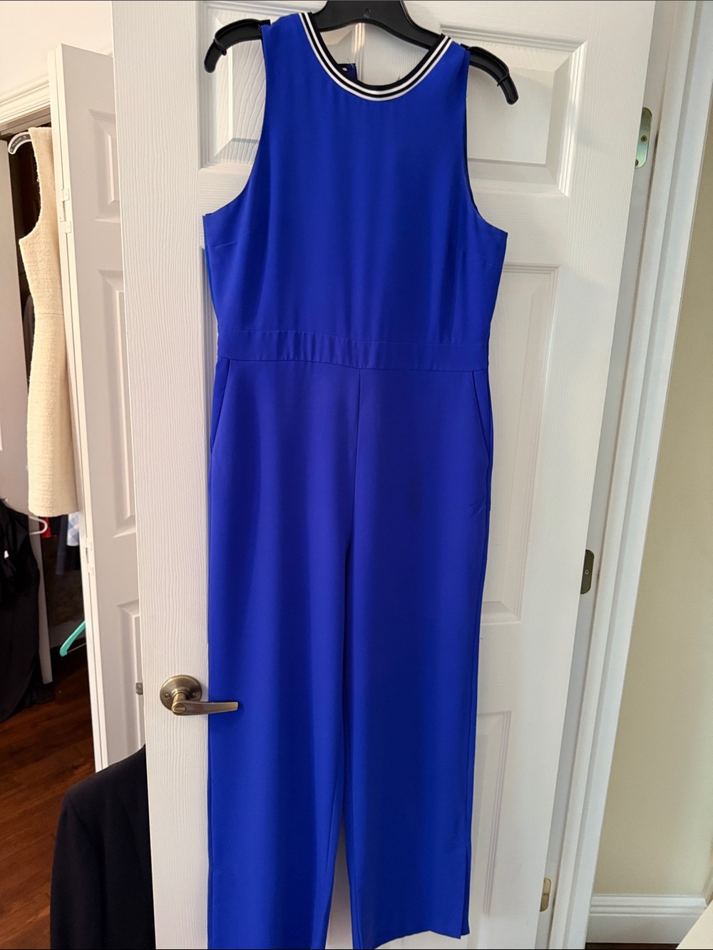 Banana Republic Cobalt Blue Sleeveless Jumpsuit with Stripe Neck Trim